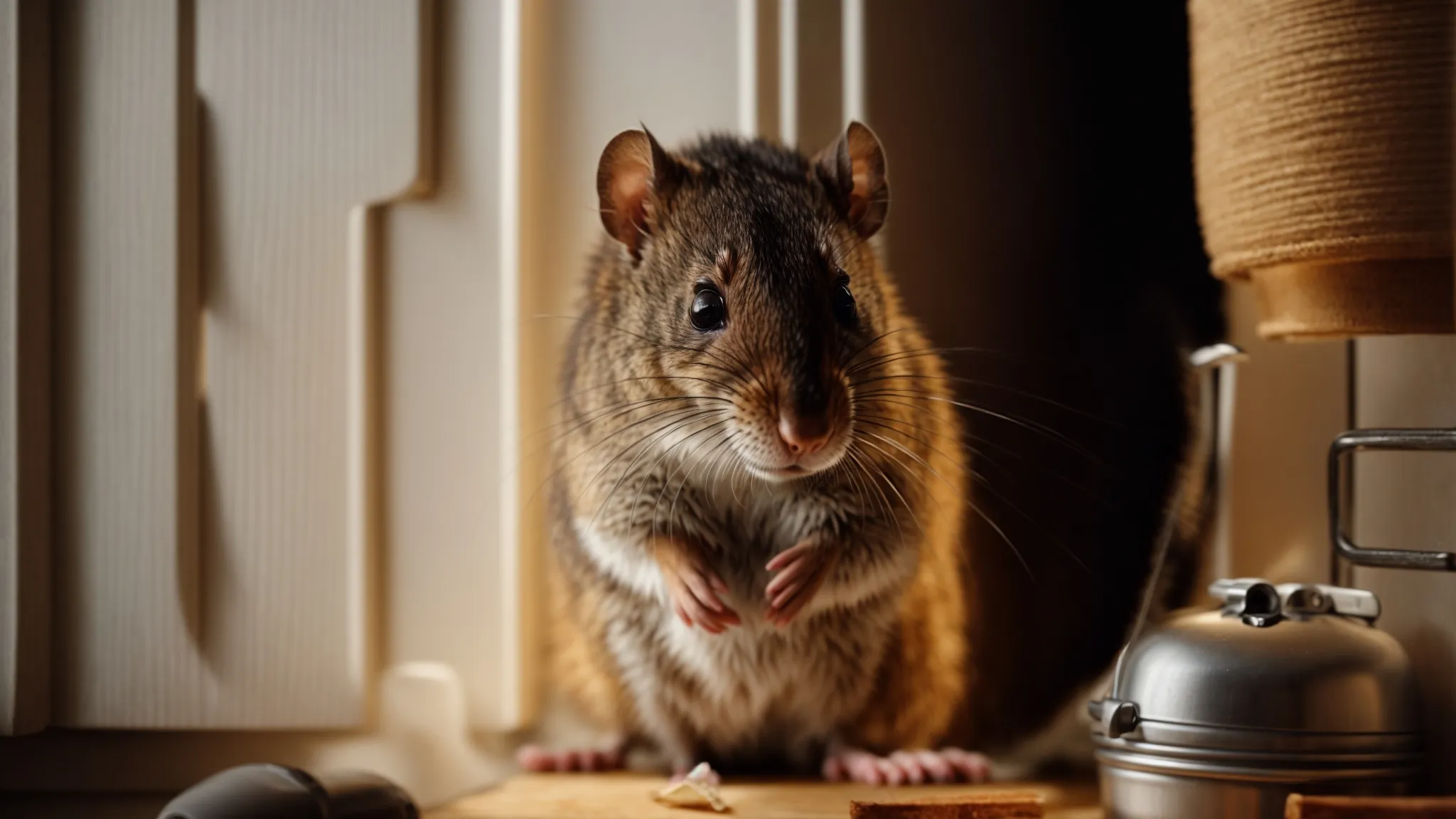 a rodent peeks from behind a wall in a dimly lit room, visible only by its silhouette against a backdrop of household clutter.