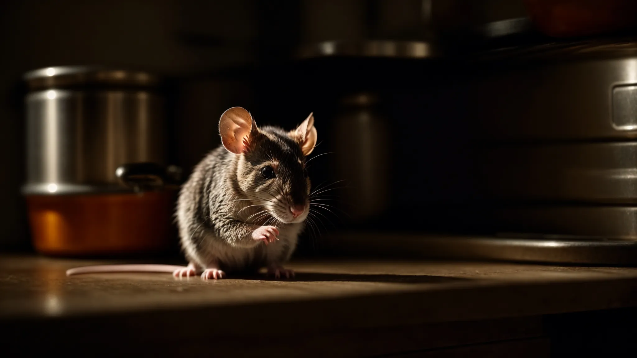 a close-up of a rat lurking in a dimly lit kitchen corner, highlighting the hidden dangers in the home.