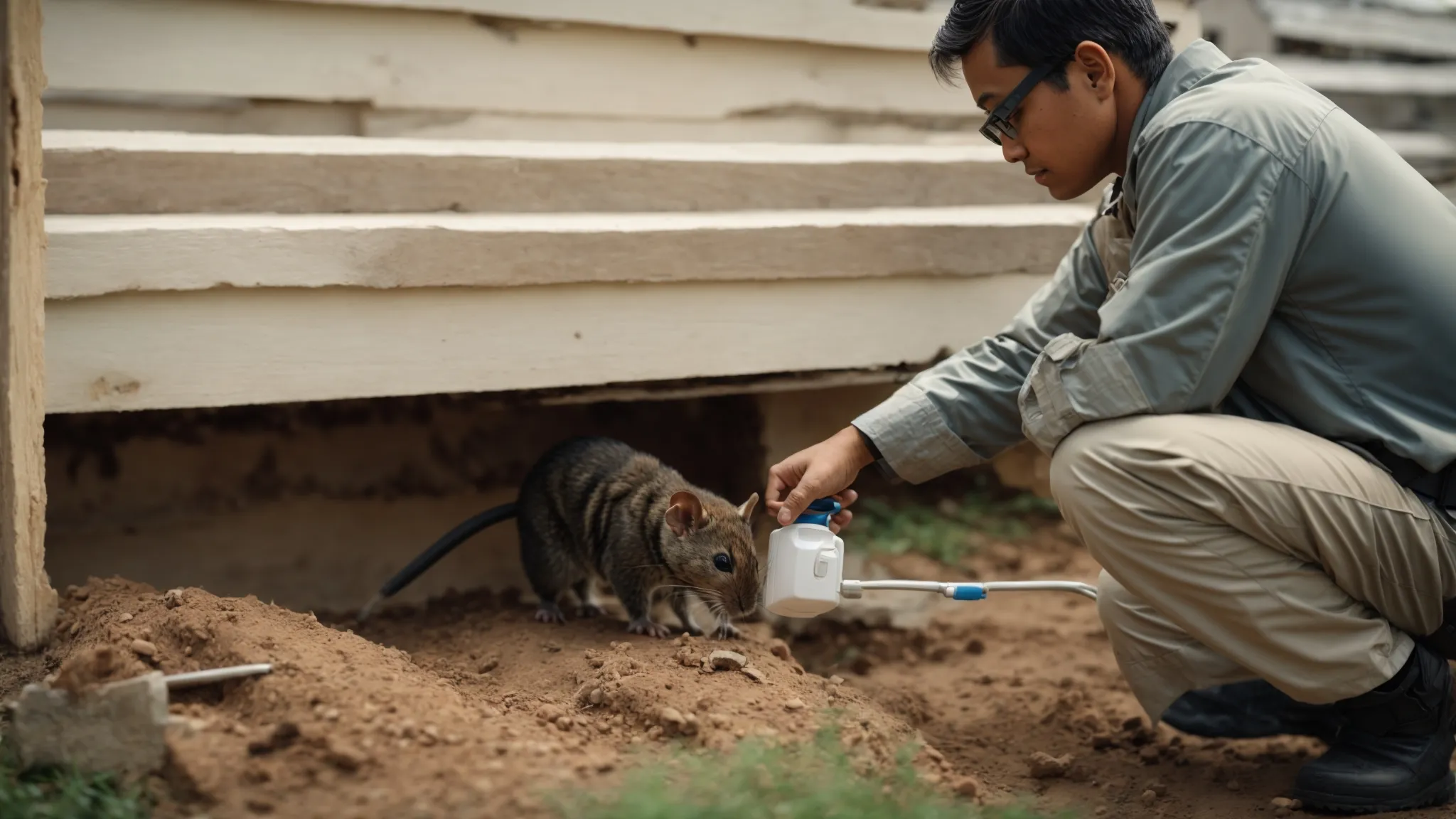 a pest control professional examining the foundation of a house for rodent entry points.