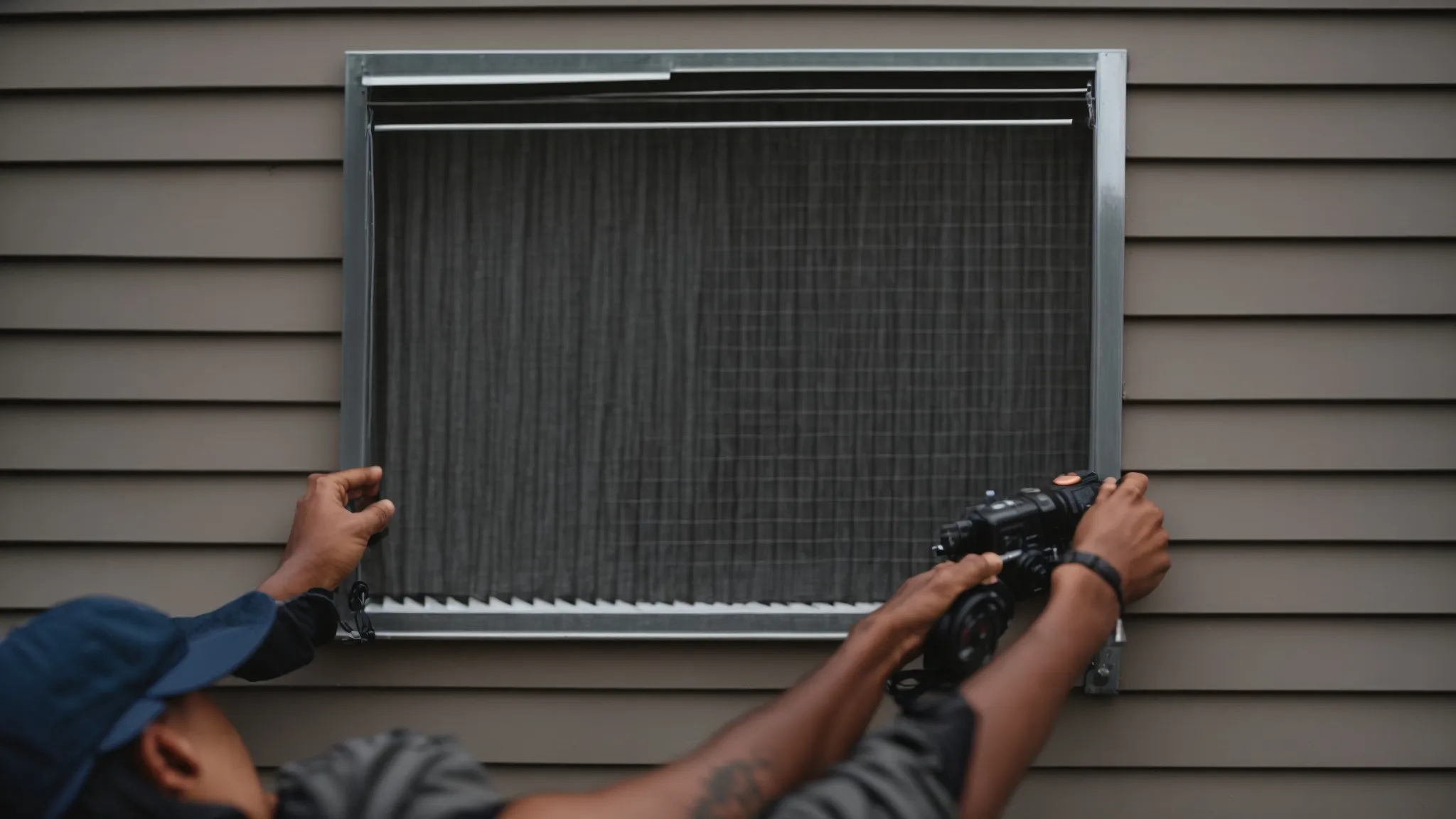 a homeowner installs a metal mesh over a vent on the exterior of a house.