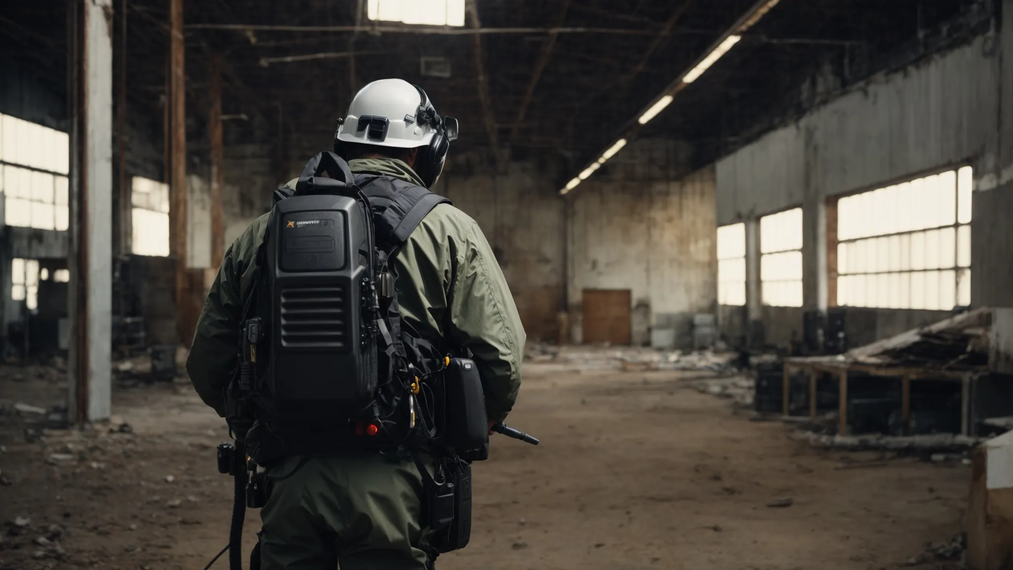 an experienced smithereen exterminator inspects an abandoned warehouse, equipped with professional gear to tackle the escalating pest issue.