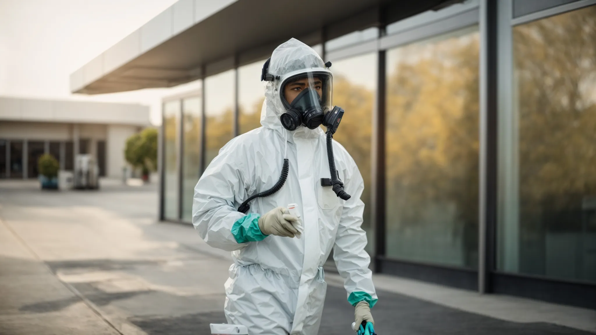 a professional, wearing protective gear, sprays environmentally friendly pesticide around the exterior of a commercial building to prevent pest infestation.