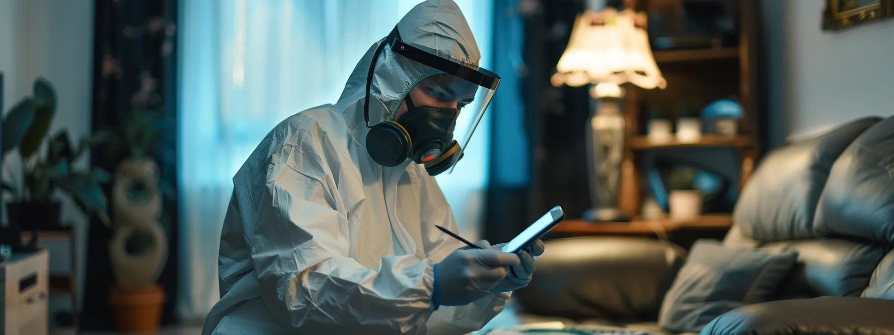 a technician in a smithereen pest control uniform conducting a thorough inspection of a clean, organized home.