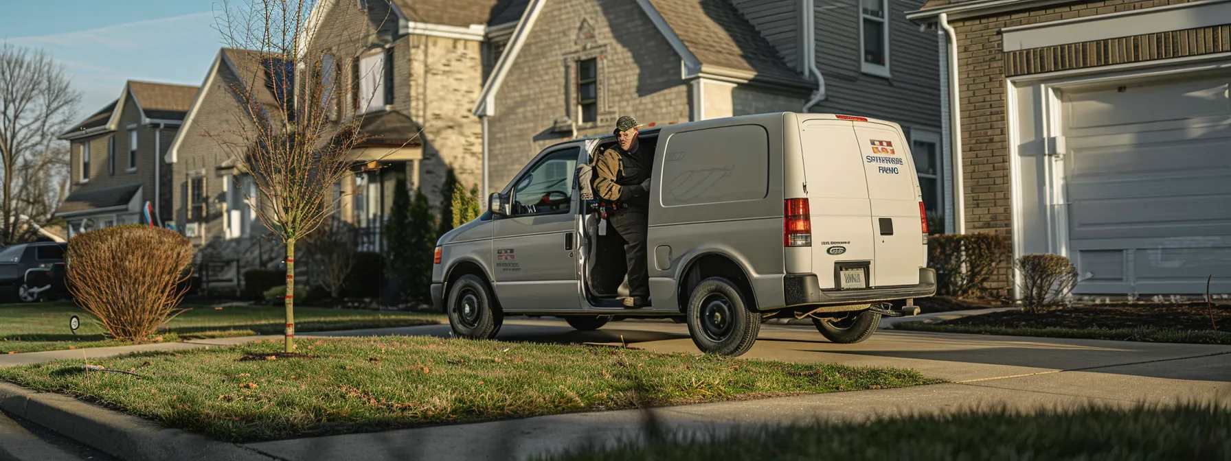 a skilled technician from smithereen pest control confidently exits a well-marked service vehicle in a suburban indianapolis neighborhood.